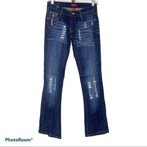 Blue asphalt embroidered distressed blue jeans 0